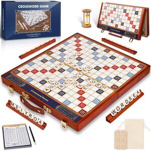 Crossword Game with Rotating Wooden Board, Foldable Board into Portable Carry Ca